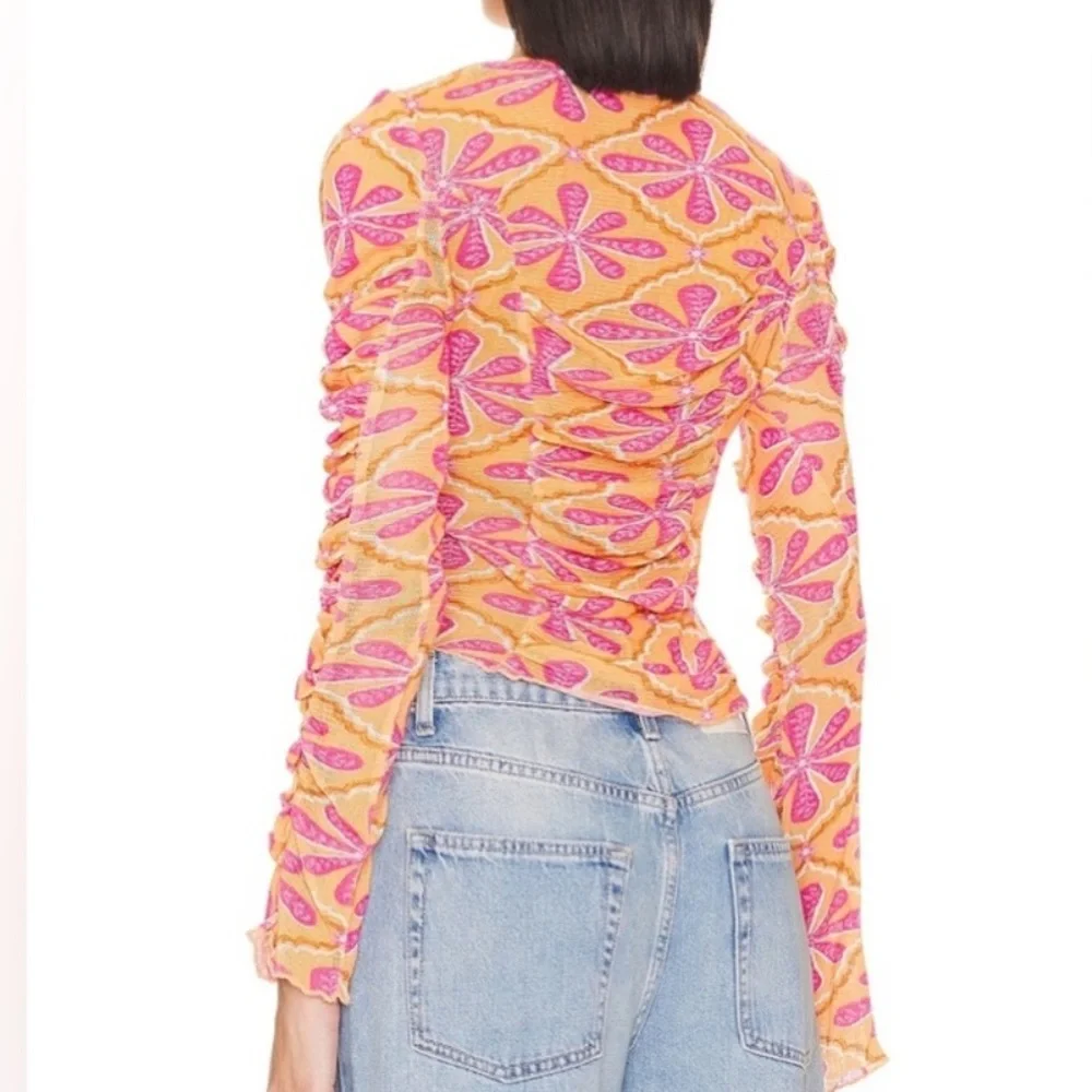 Free People NEW Through the Meadow Mesh Ruched Sleeve Top Size Small Orange/Pink
